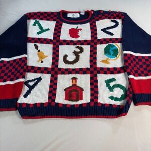 Design Options Vintage Novelty Knit Sweater School Teacher Numbers Apples M